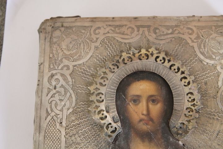 Ancient Icon In Silver And Painted Christ Blessing 19th Century. Size Cm 18 X Cm 15 photo vinterior