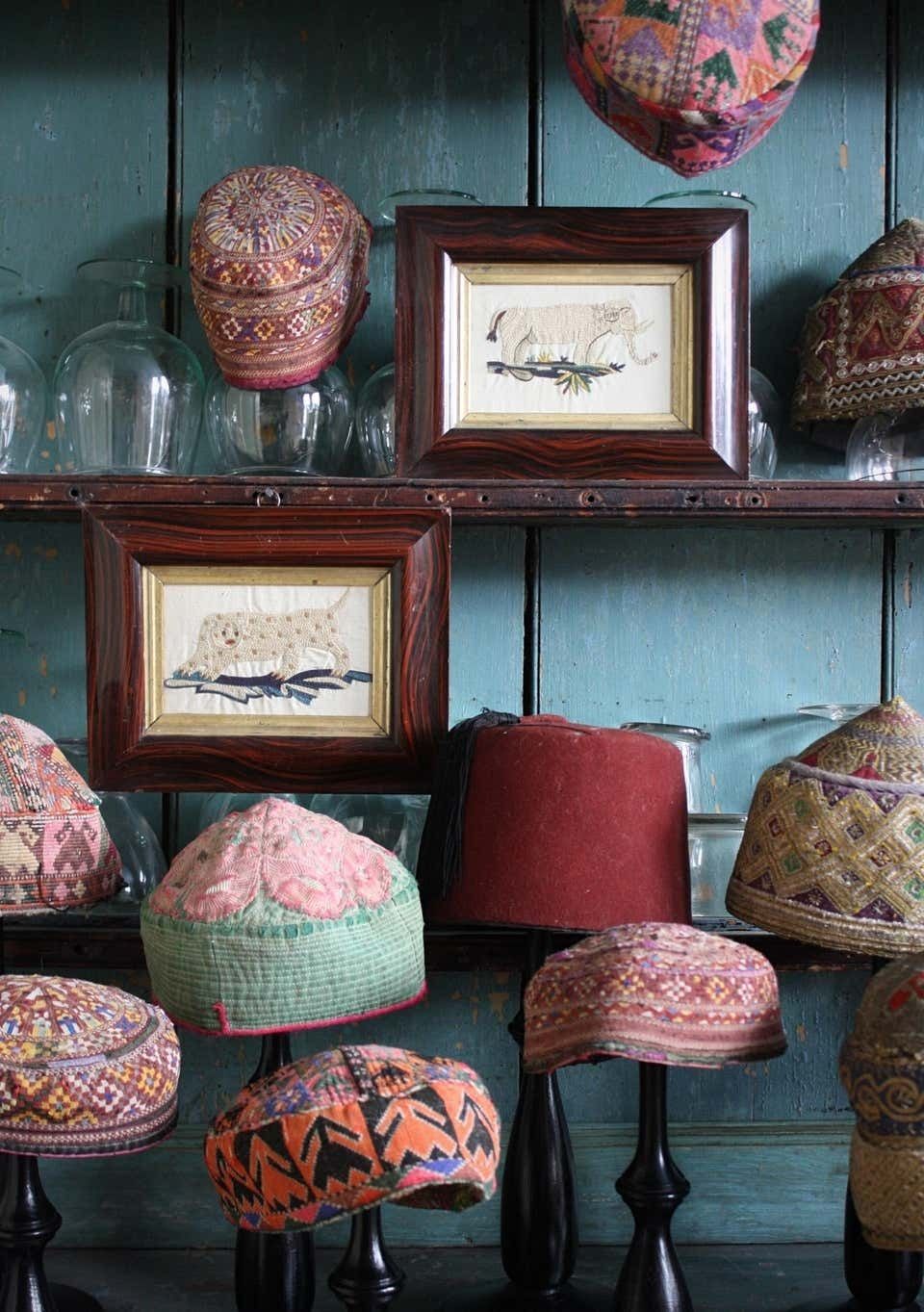 Pair Of Early 19th Century Silk Embroidery Folk Art Animals Elephant & Leopard photo furniture