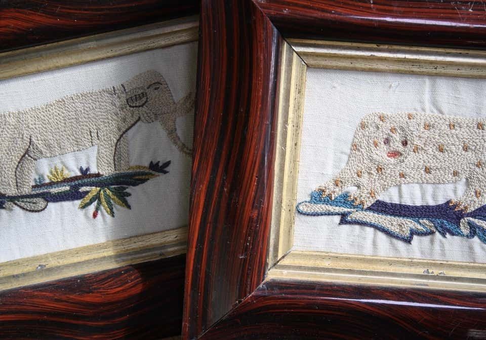 Pair Of Early 19th Century Silk Embroidery Folk Art Animals Elephant & Leopard photo 1595.0