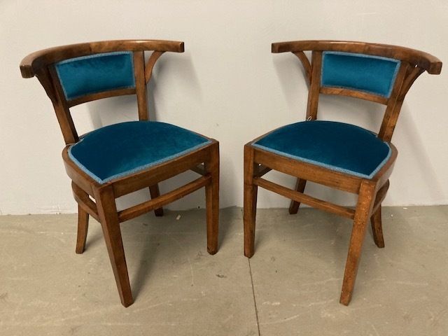 Antique Pair Of Walnut Art Deco Cockpit Armchairs From 1940. Restored Modern Antiques Petroleum Fabric photo buy