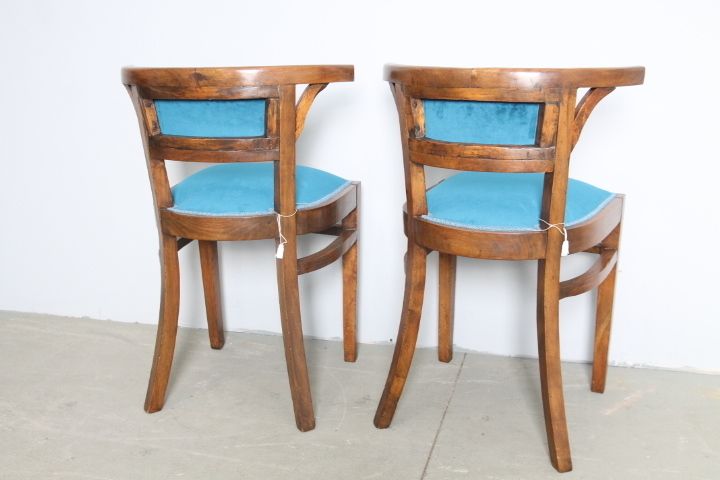 photo buy Antique Pair Of Walnut Art Deco Cockpit Armchairs From 1940. Restored Modern Antiques Petroleum Fabric