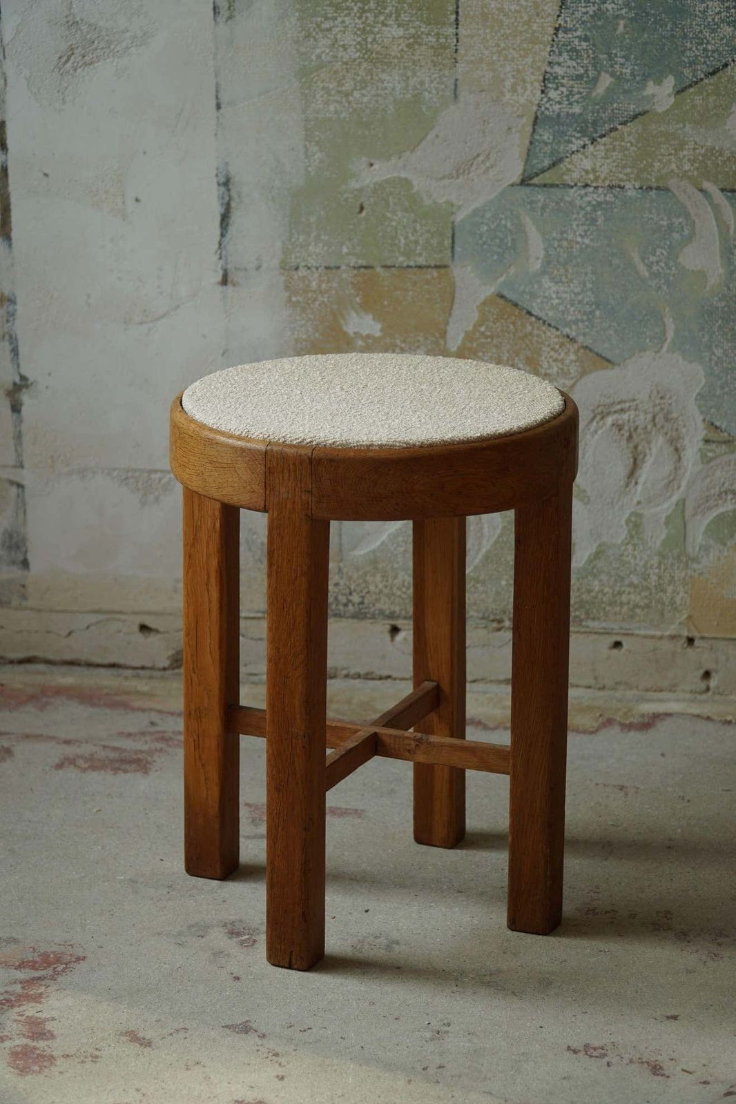 photo furniture Danish Mid Century Stool In Oak And Reupholstered In Bouclé Wool Ca 1950s