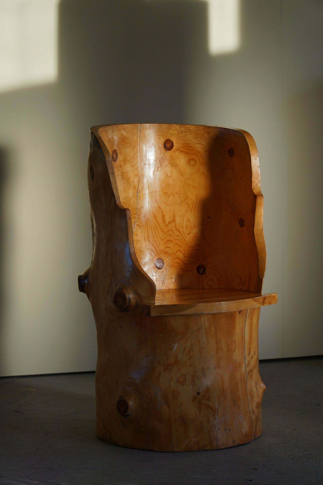 Furniture Sculptural Carved Wabi Sabi Brutalist Stump Chair In Solid Pine, Swedish, 1960s photo