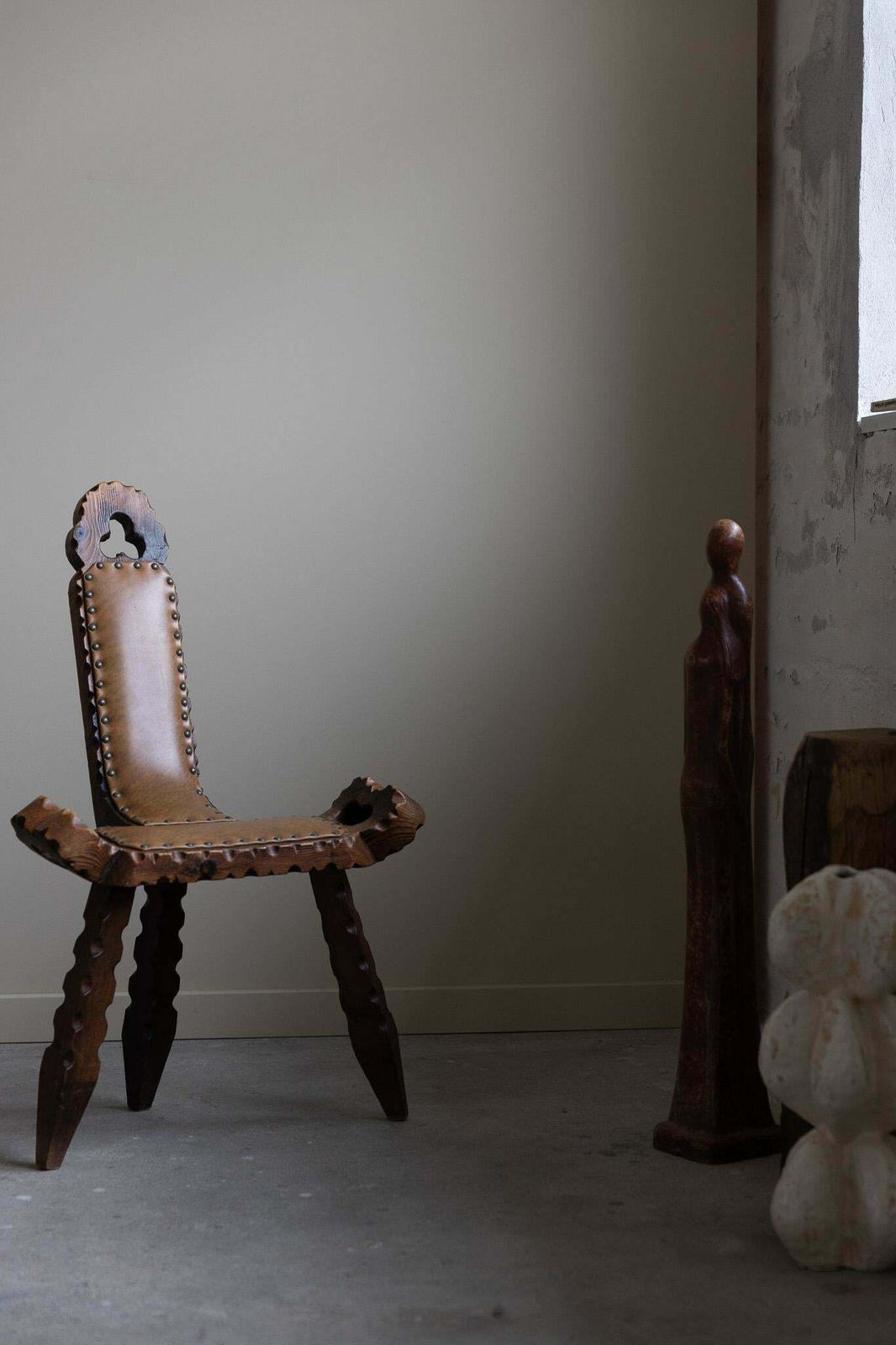 Wooden Carved Tripod Chair With Leather Seat   Wabi Sabi   Early 20th Century photo furniture