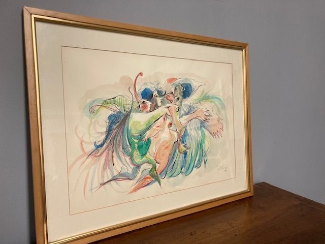 G. Lizzini Watercolor And Ink Painting Signed 20th Century Contemporary Art photo furniture