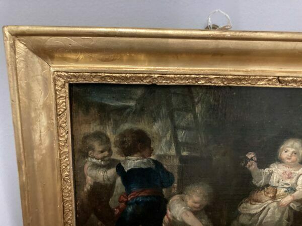Ancient Pair Of 18th Century Paintings "Gioco Di Putti" In Gold Leaf Frame. photo 2845.44