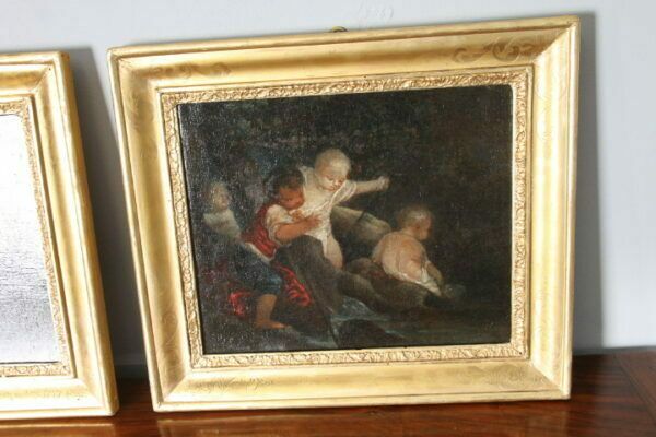 photo for sale Ancient Pair Of 18th Century Paintings "Gioco Di Putti" In Gold Leaf Frame.