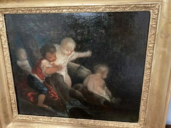 Art Ancient Pair Of 18th Century Paintings "Gioco Di Putti" In Gold Leaf Frame. photo