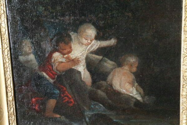 photo vinterior Ancient Pair Of 18th Century Paintings "Gioco Di Putti" In Gold Leaf Frame.