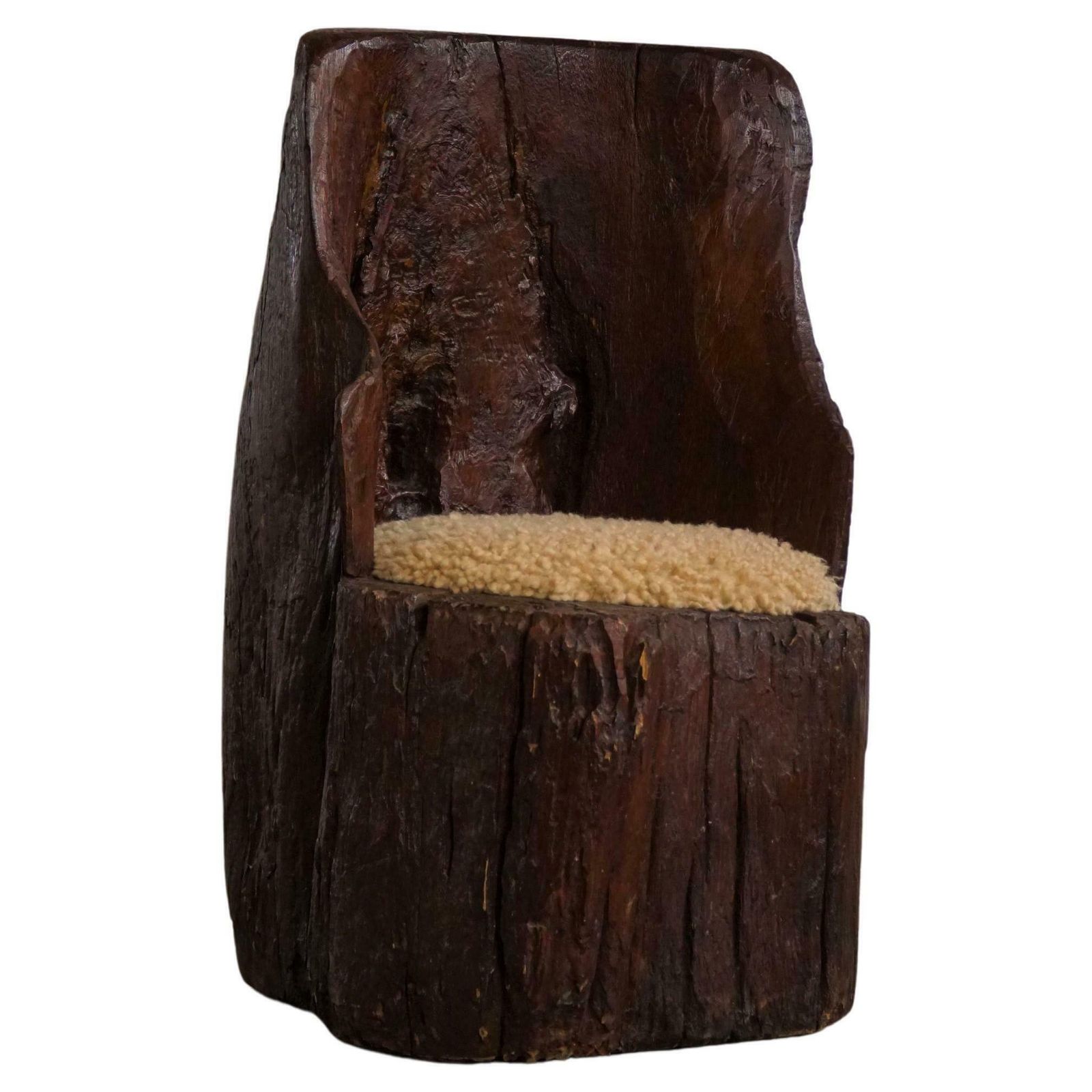 Handcarved Swedish Primitive Wabi Sabi Stump Chair   Lambswool Seat   1900s