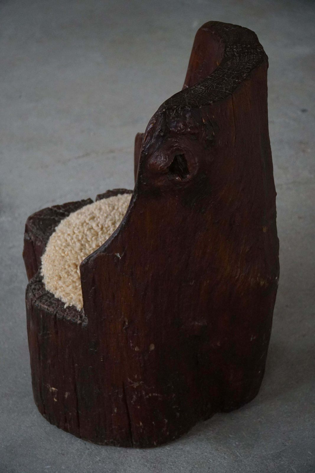 Handcarved Swedish Primitive Wabi Sabi Stump Chair   Lambswool Seat   1900s photo vintage