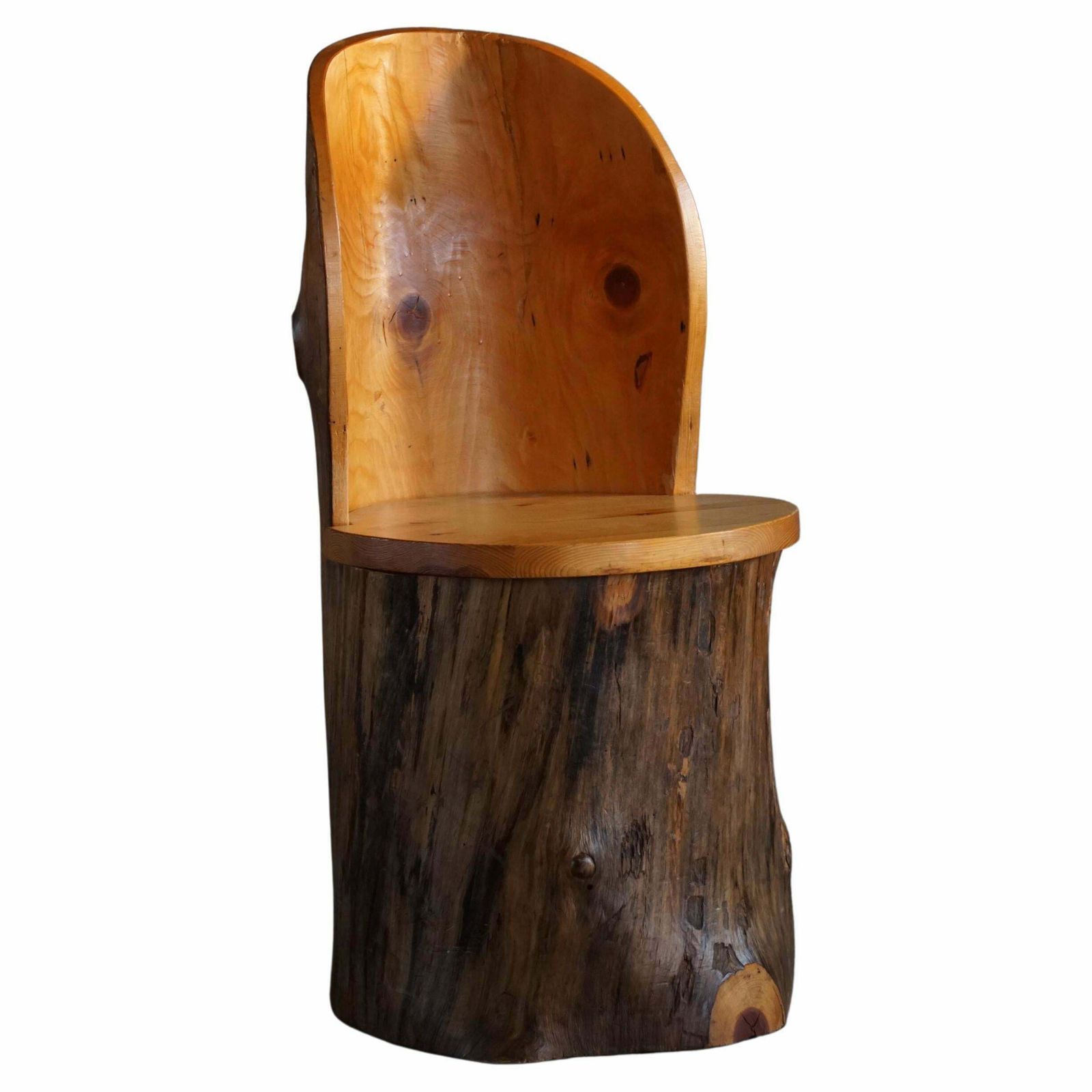 Hand Carved Primitive Swedish Modern Stump Chair In Pine, Wabi Sabi   1960s