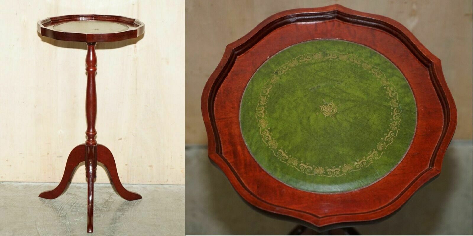Pie Crust Edge Heritage Green Leather Gold Leaf Tripod Side End Lamp Wine Table