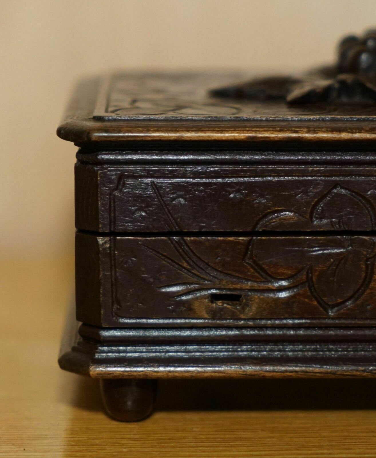 Original Antique Grape Vine Carved Black Forest Wood Music Box Needs Service photo for sale