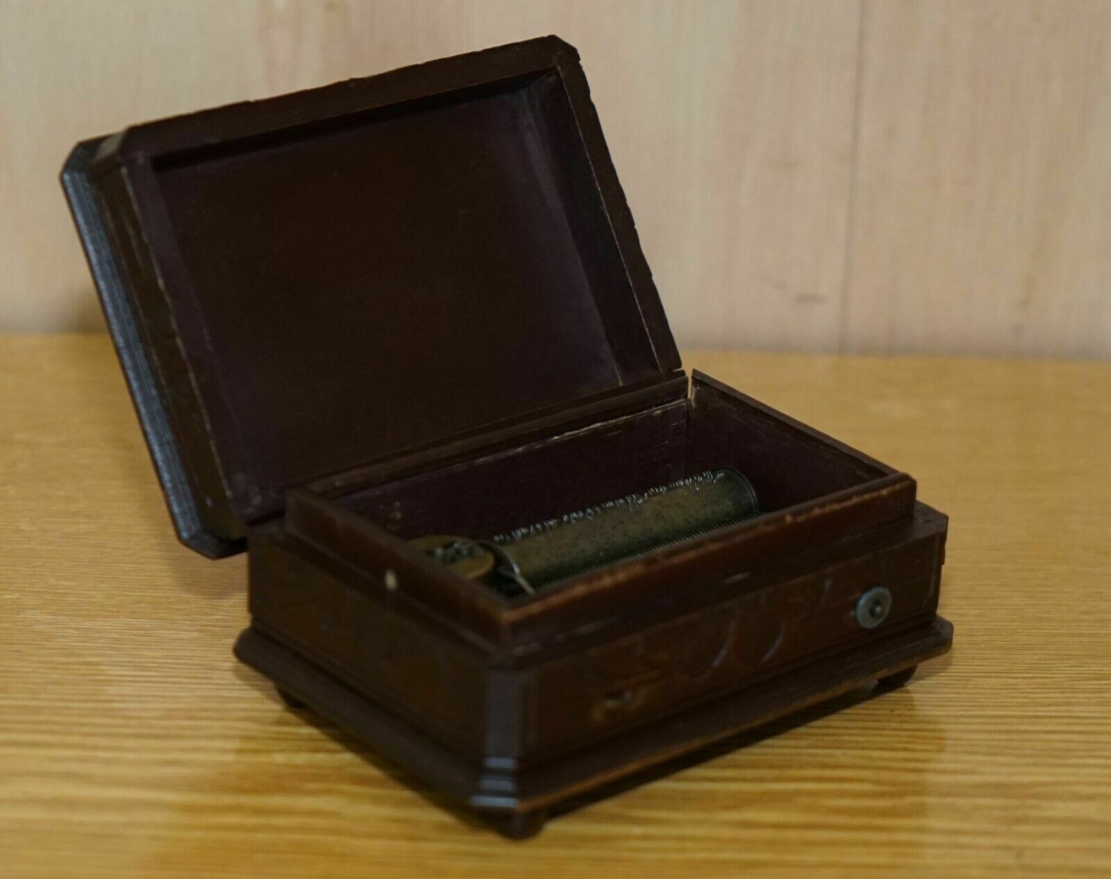photo for sale Original Antique Grape Vine Carved Black Forest Wood Music Box Needs Service
