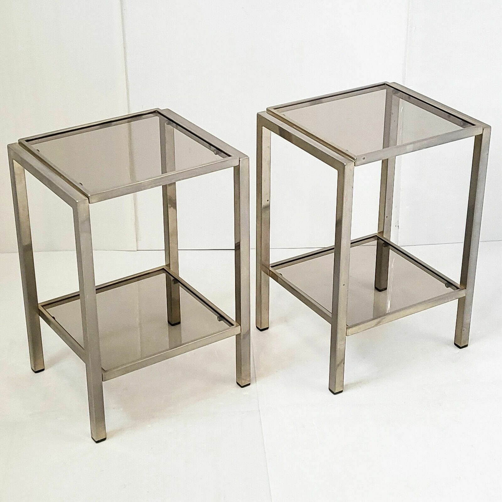 Paar Vintage Stalen Bijzettafels Met Rookglas, Jaren 1970
