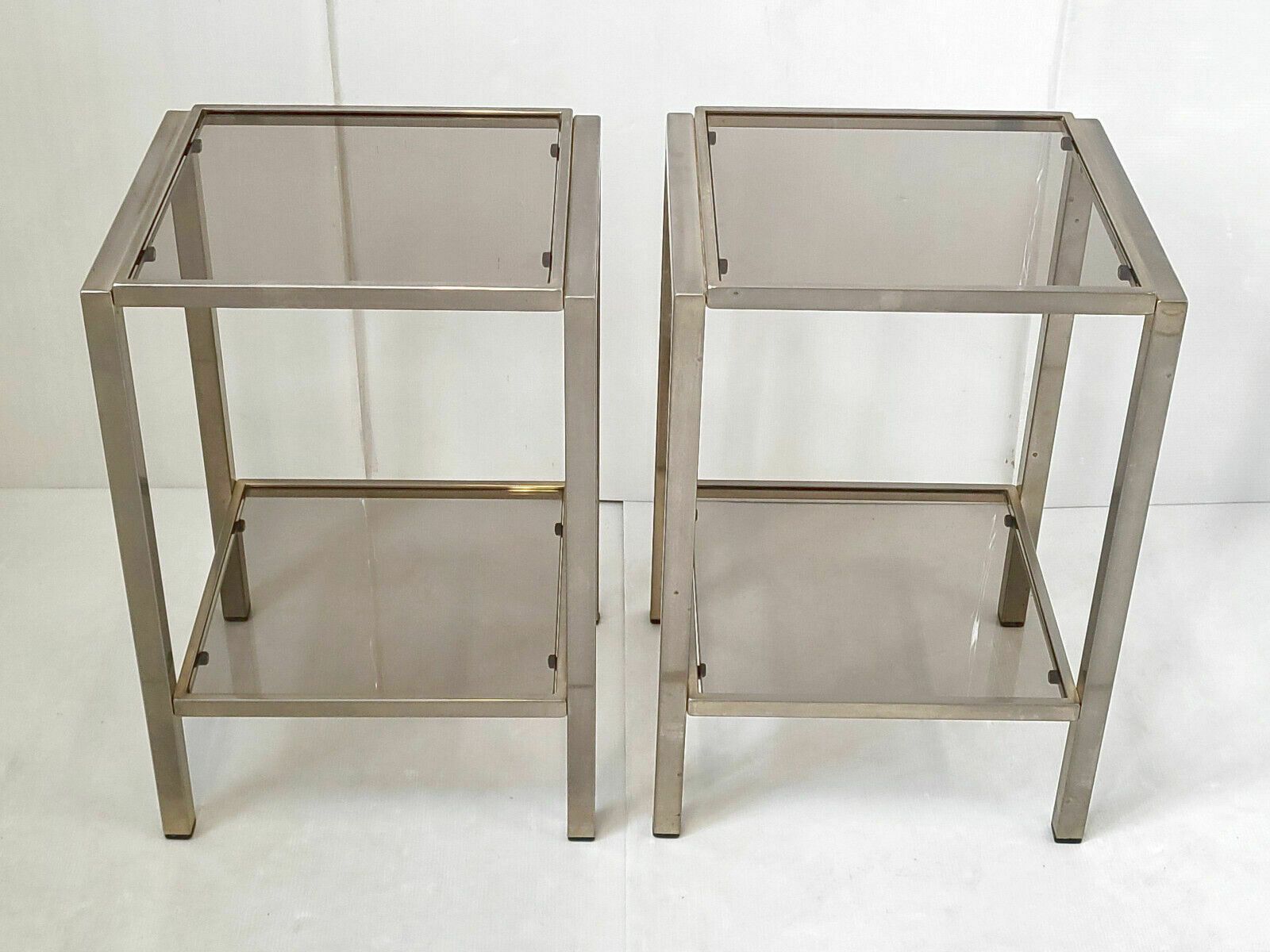 Paar Vintage Stalen Bijzettafels Met Rookglas, Jaren 1970 photo for sale