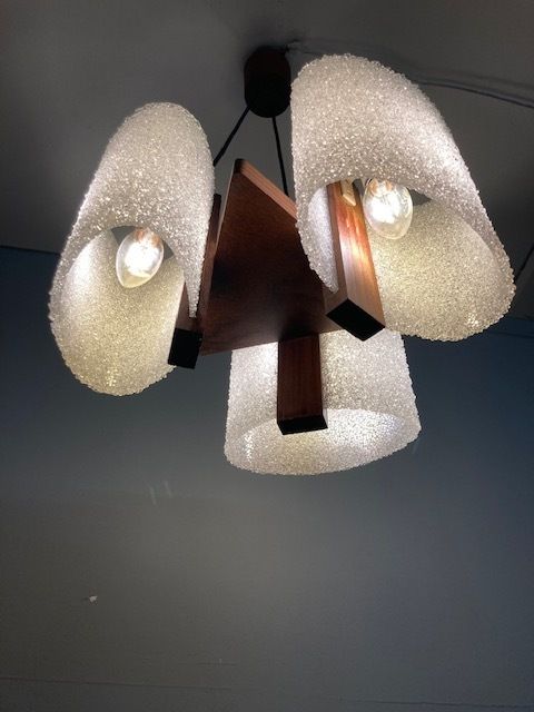 Antique Design Chandelier With Three Lights From The 70s, Swedish Style In Teak. Modern Design. Restored And Overhauled !! photo for sale