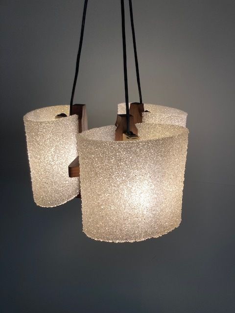 Antique Design Chandelier With Three Lights From The 70s, Swedish Style In Teak. Modern Design. Restored And Overhauled !! photo vintage