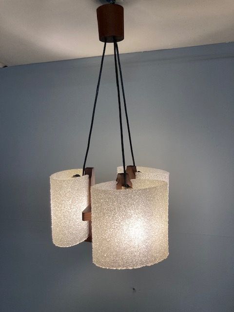 photo furniture Antique Design Chandelier With Three Lights From The 70s, Swedish Style In Teak. Modern Design. Restored And Overhauled !!