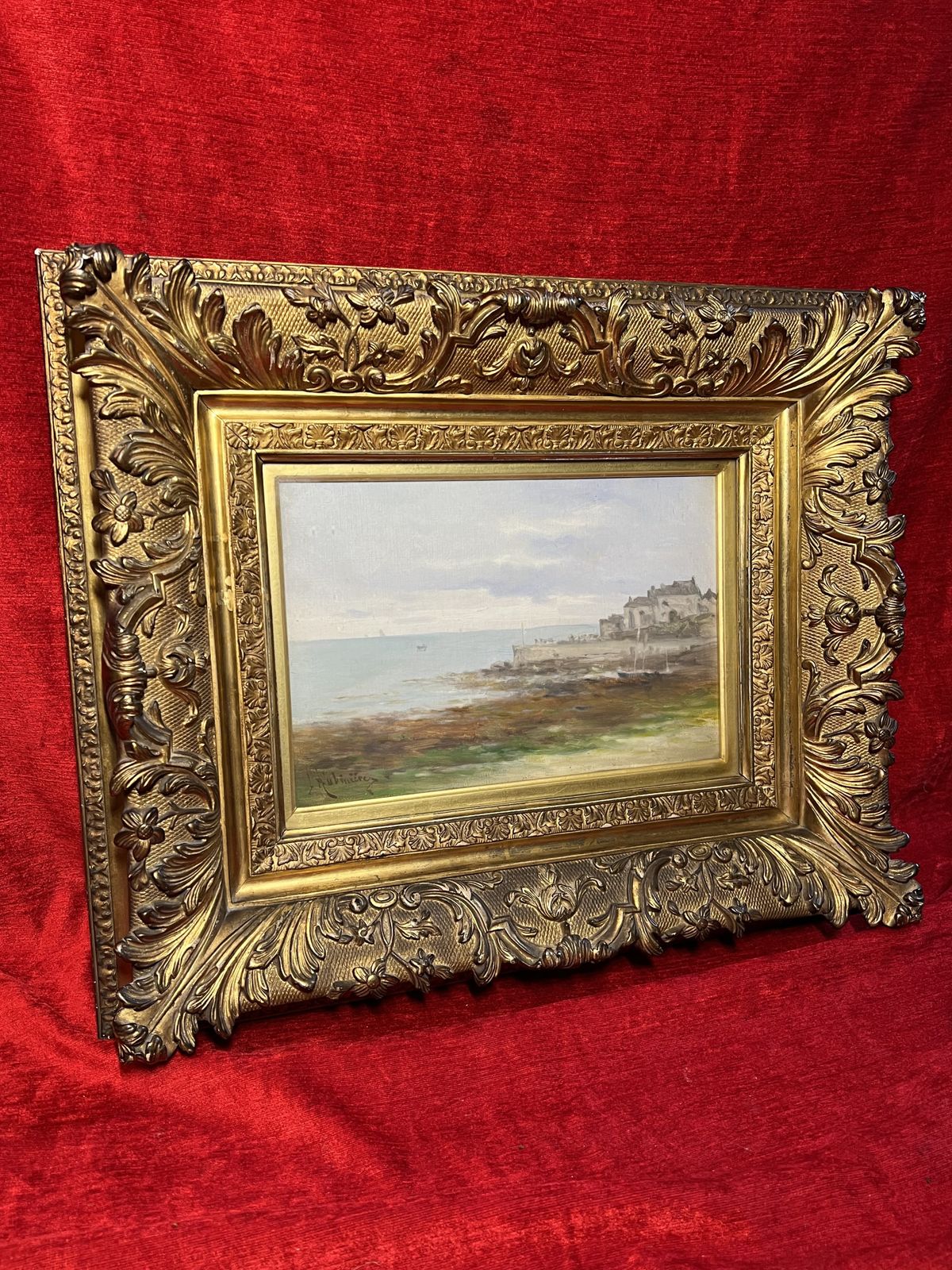 19th Century French School Impressionist Coastal Scene Signed In Ornate Gilt Wood Frame photo Art