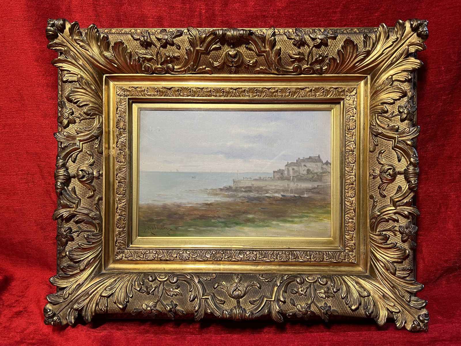 19th Century French School Impressionist Coastal Scene Signed In Ornate Gilt Wood Frame photo vintage
