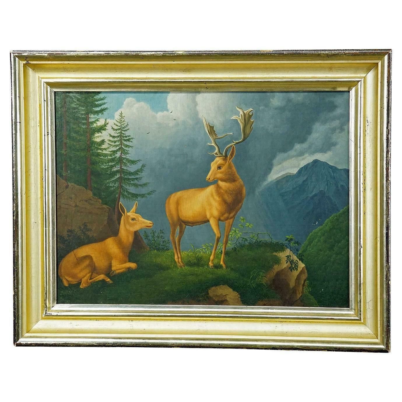 Painting Fallow Deer With Doe In The Alps Oil On Canvas 19th Century