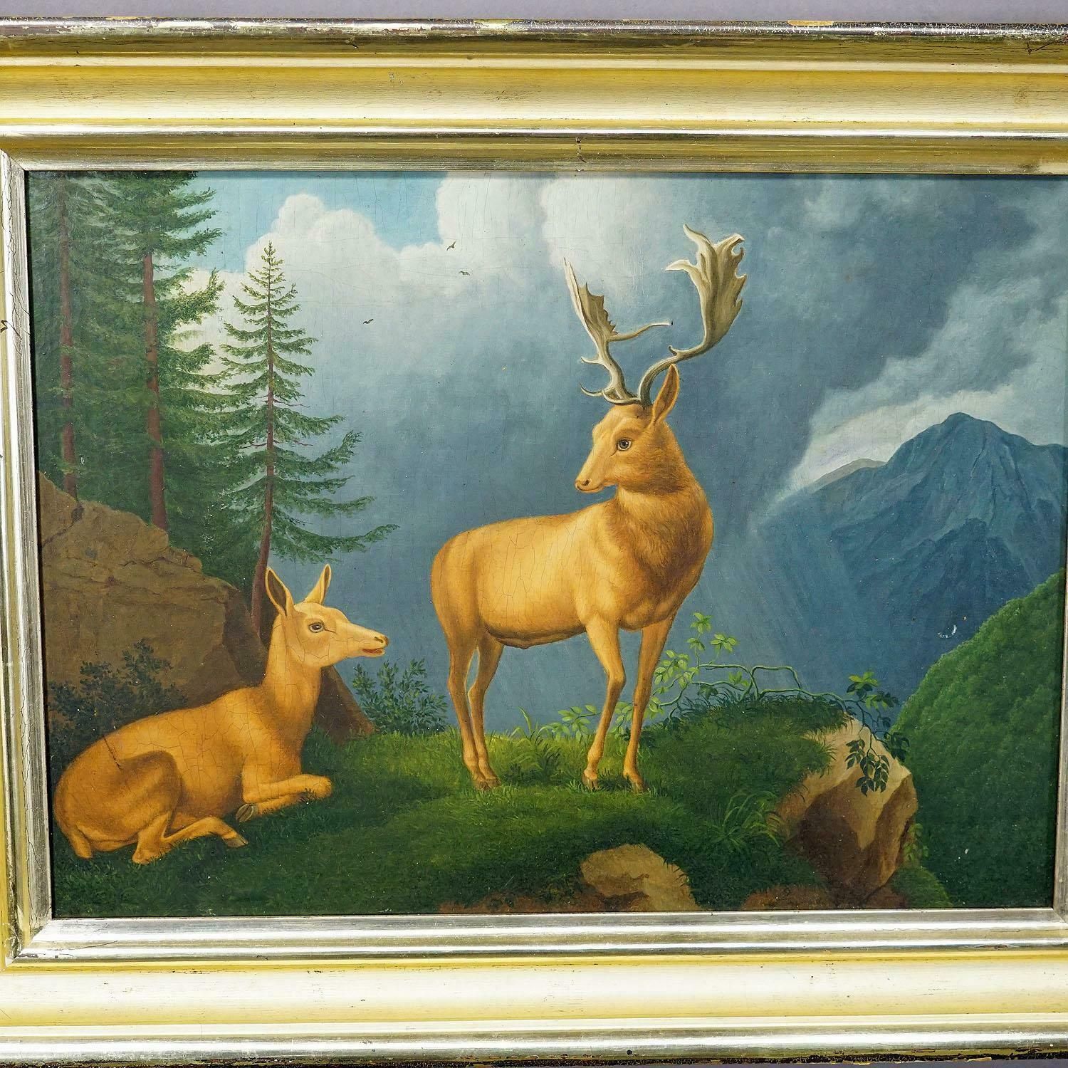 Painting Fallow Deer With Doe In The Alps Oil On Canvas 19th Century photo Art
