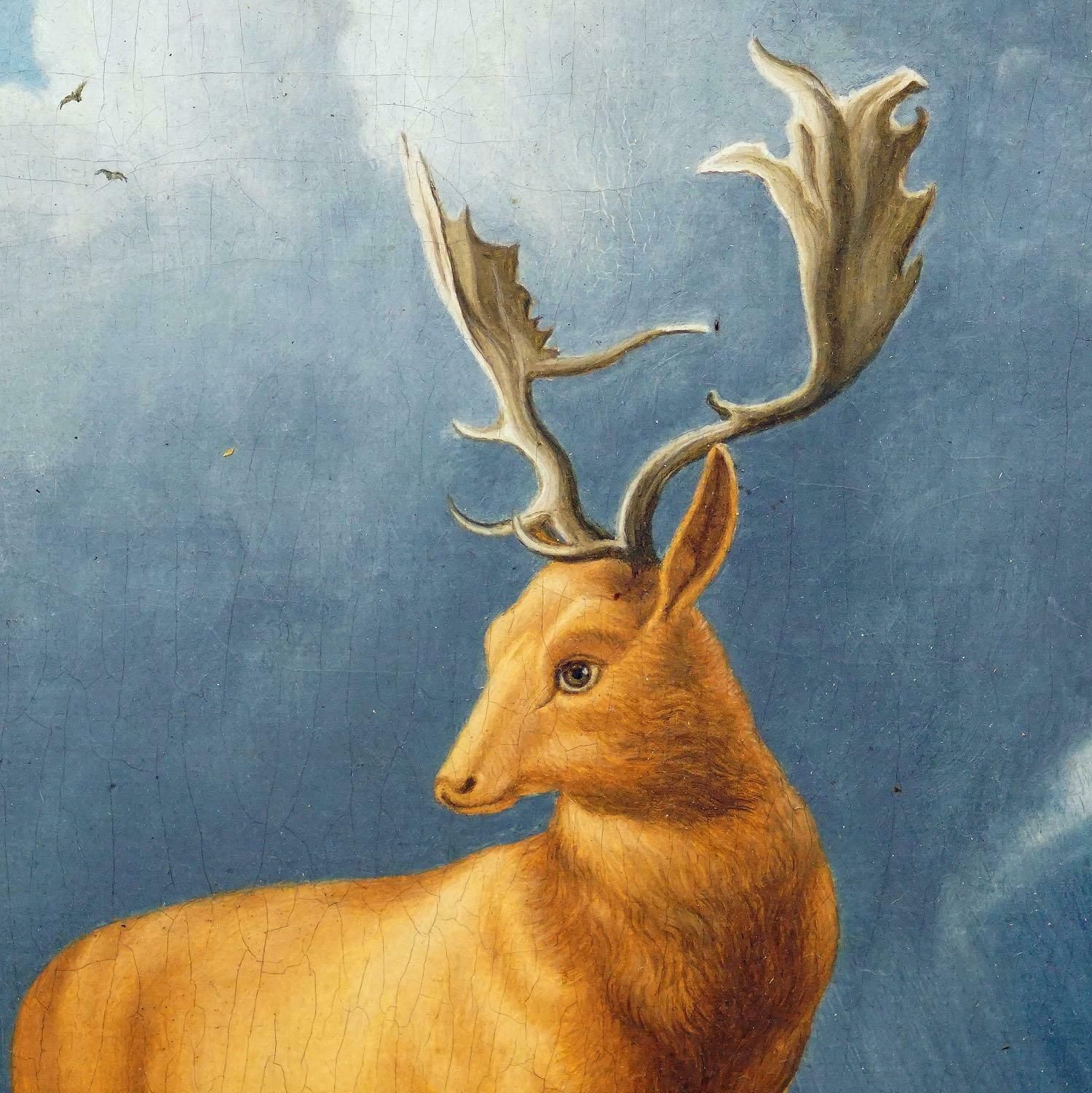 Painting Fallow Deer With Doe In The Alps Oil On Canvas 19th Century photo 1676.0