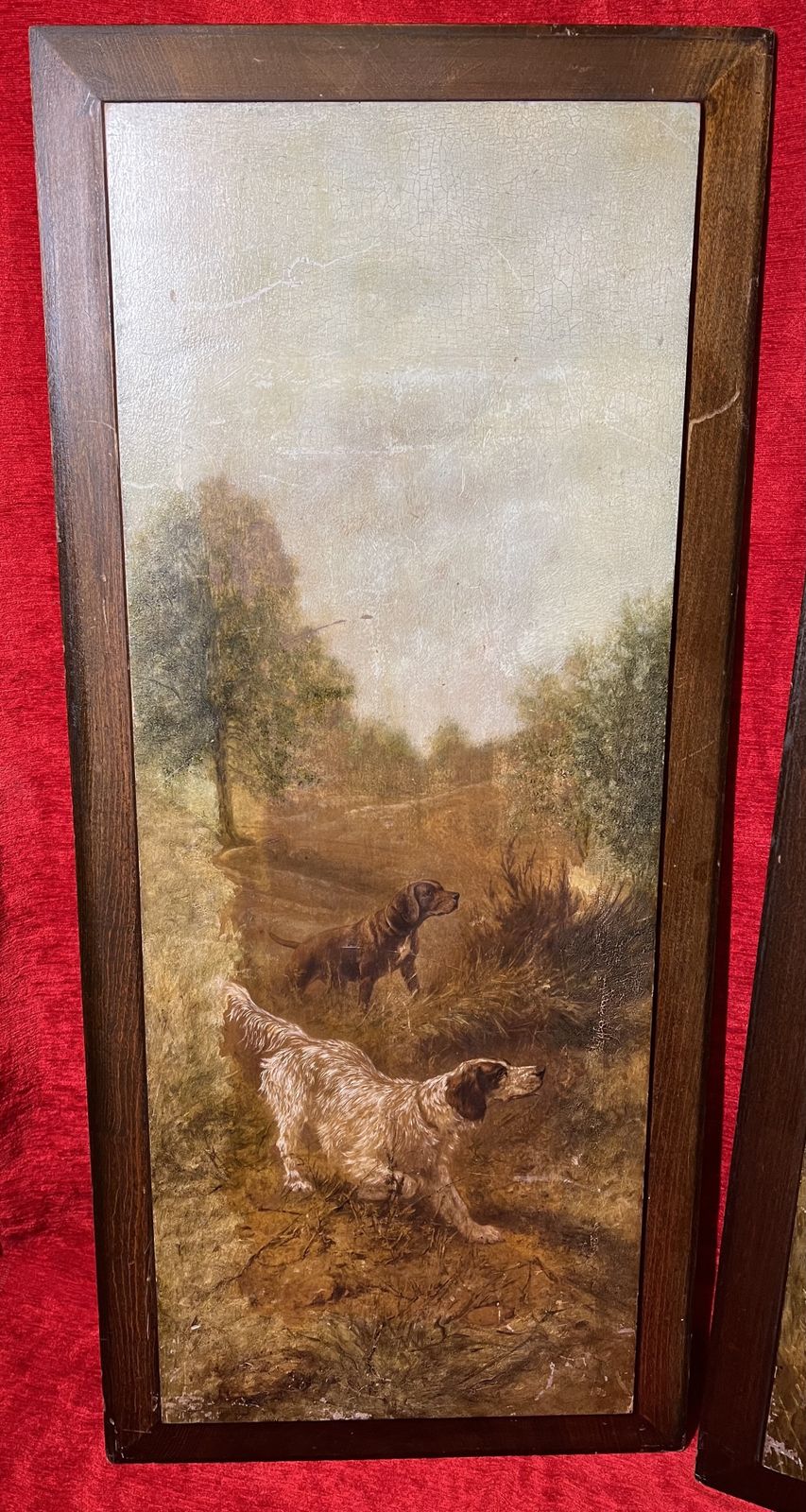 Trio Of Hunting Dogs In Landscapes Painted Upon Wood Panels After Heinrich Sperling photo for sale