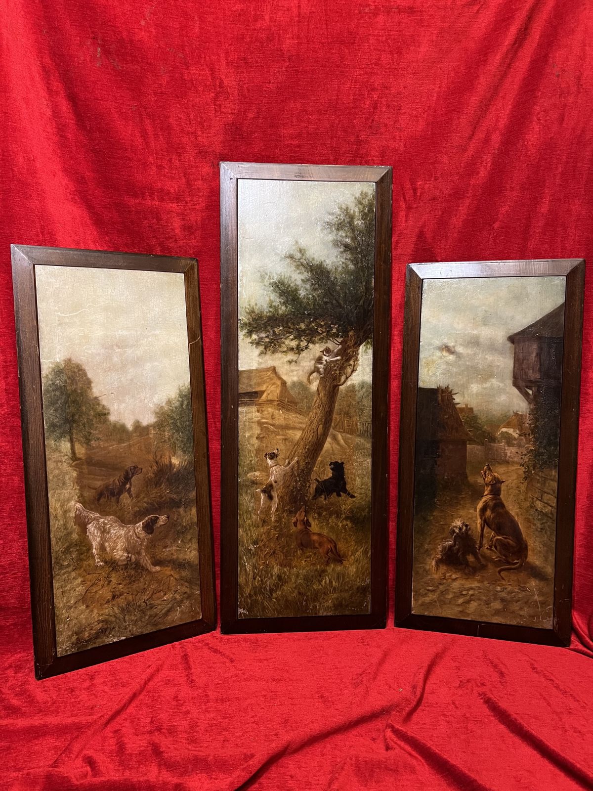 photo for sale Trio Of Hunting Dogs In Landscapes Painted Upon Wood Panels After Heinrich Sperling