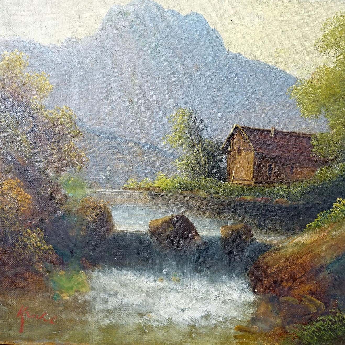 Summerly Mountain Landscape With Water Fall And Mountain Hut 19th Century photo 1308.0