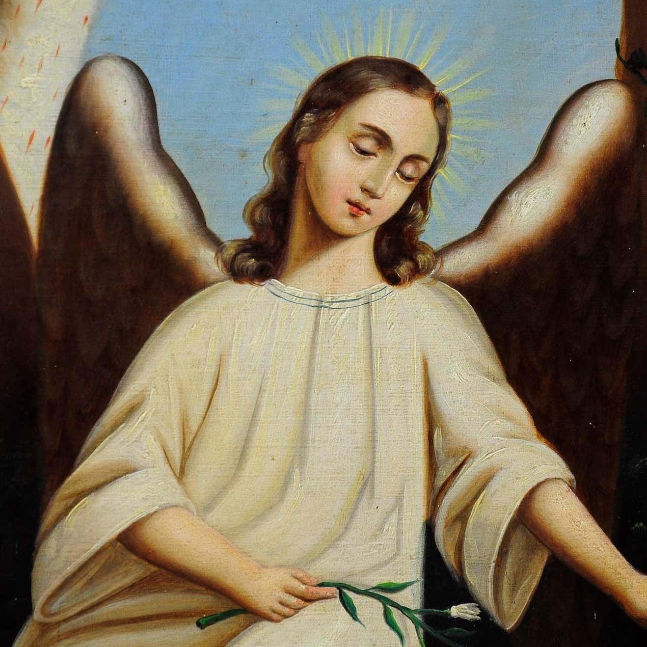 Unknown, Oil On Canvas Painting Angel With Sleeping Child photo Art