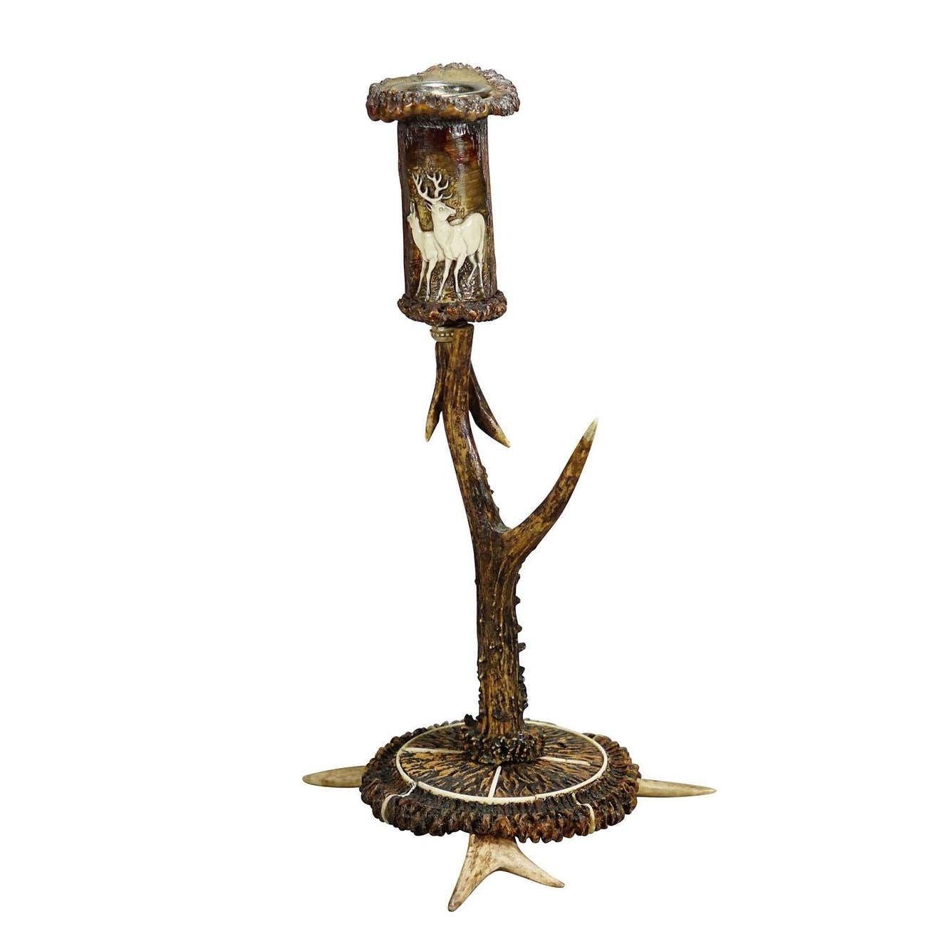 Stylish Cabin Decor Antler Candle Holder With Deer Carving Germany Ca 1900 photo furniture