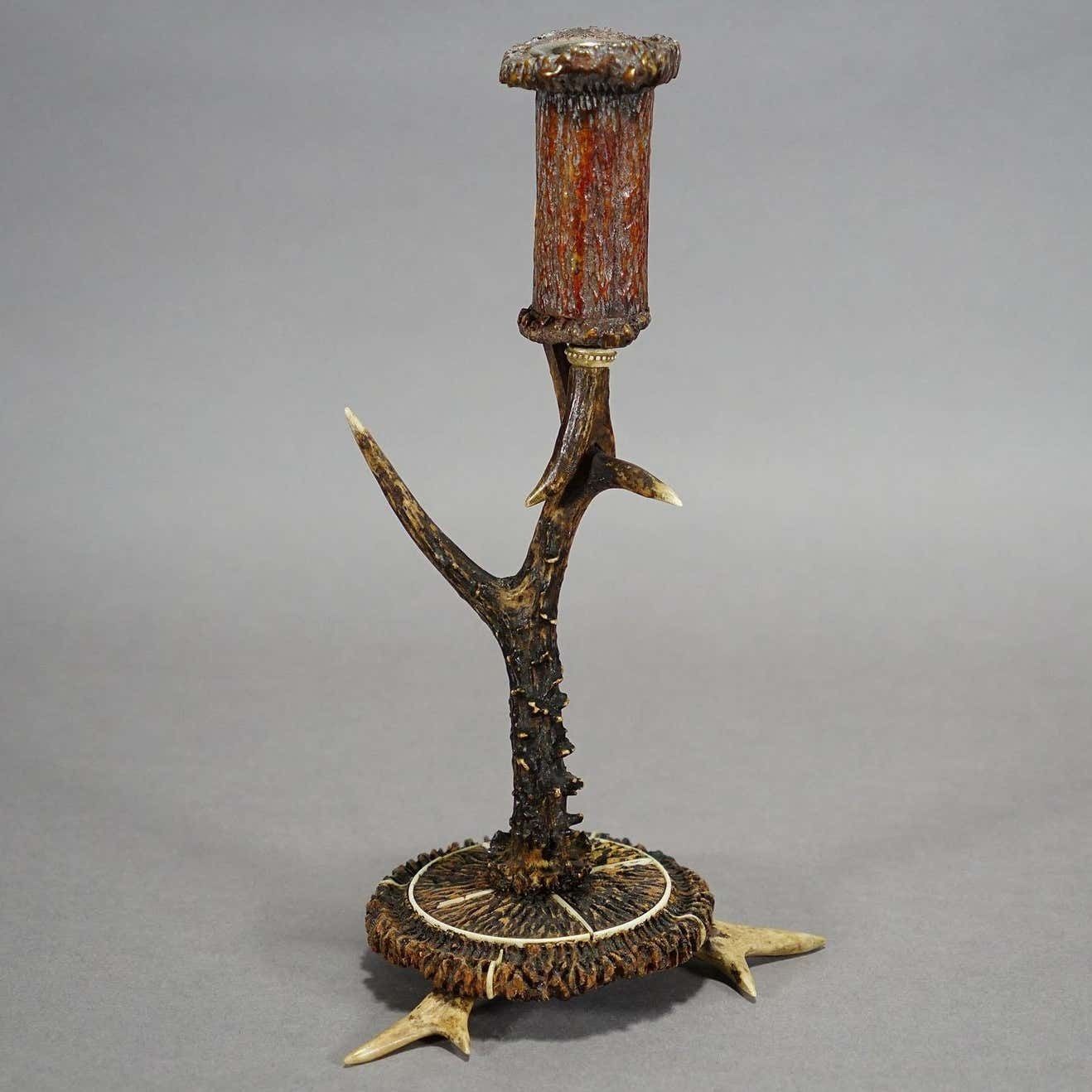 Stylish Cabin Decor Antler Candle Holder With Deer Carving Germany Ca 1900 photo for sale