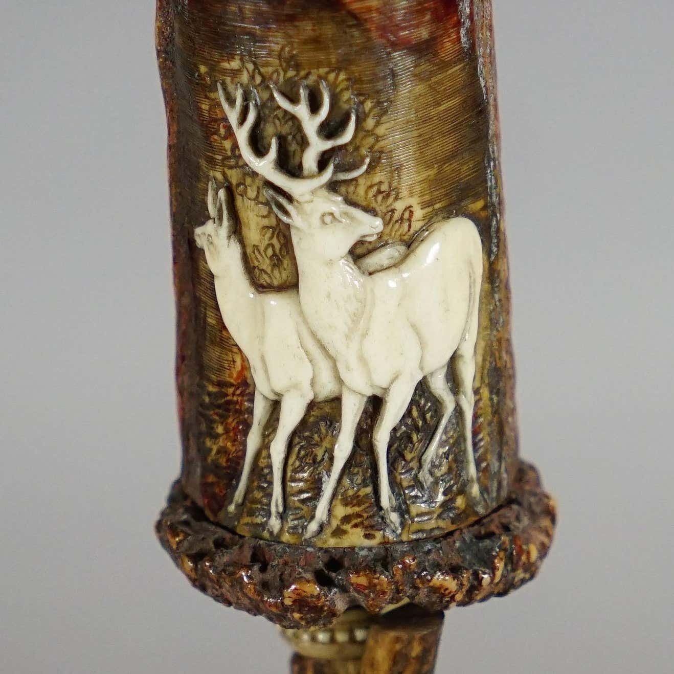 Stylish Cabin Decor Antler Candle Holder With Deer Carving Germany Ca 1900 photo buy