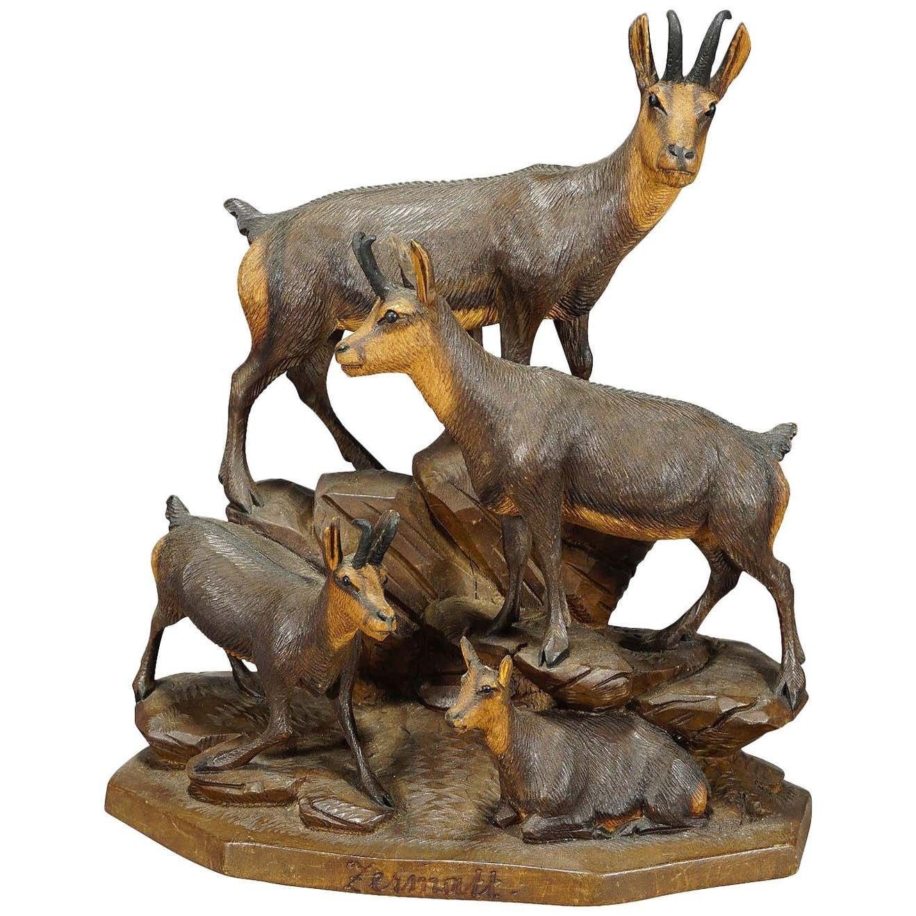 Fine Carved Wood Chamois Family By Ernst Heissl Circa 1900