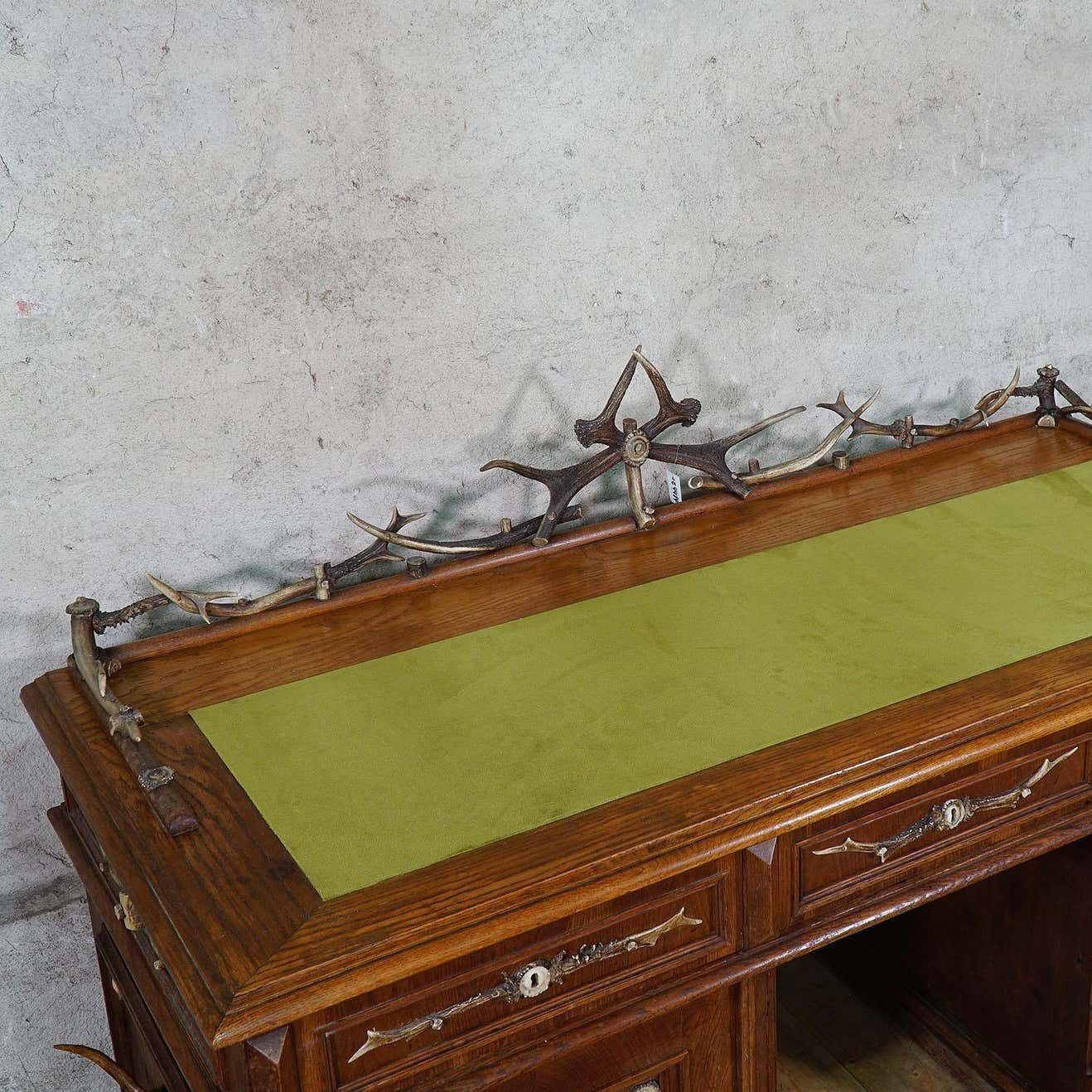 Large Oak Wood Desk With Antler Decorations By Rudolf Brix 1900 photo vintage