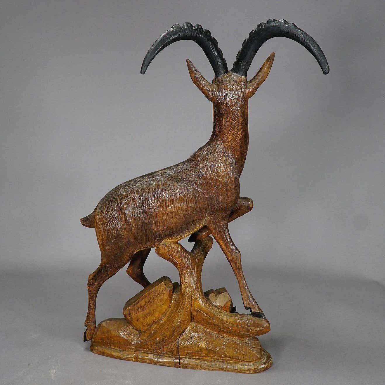 Large Black Forest Woodcarving Ibex Sculpture, Austria, Circa 1920 photo vinterior
