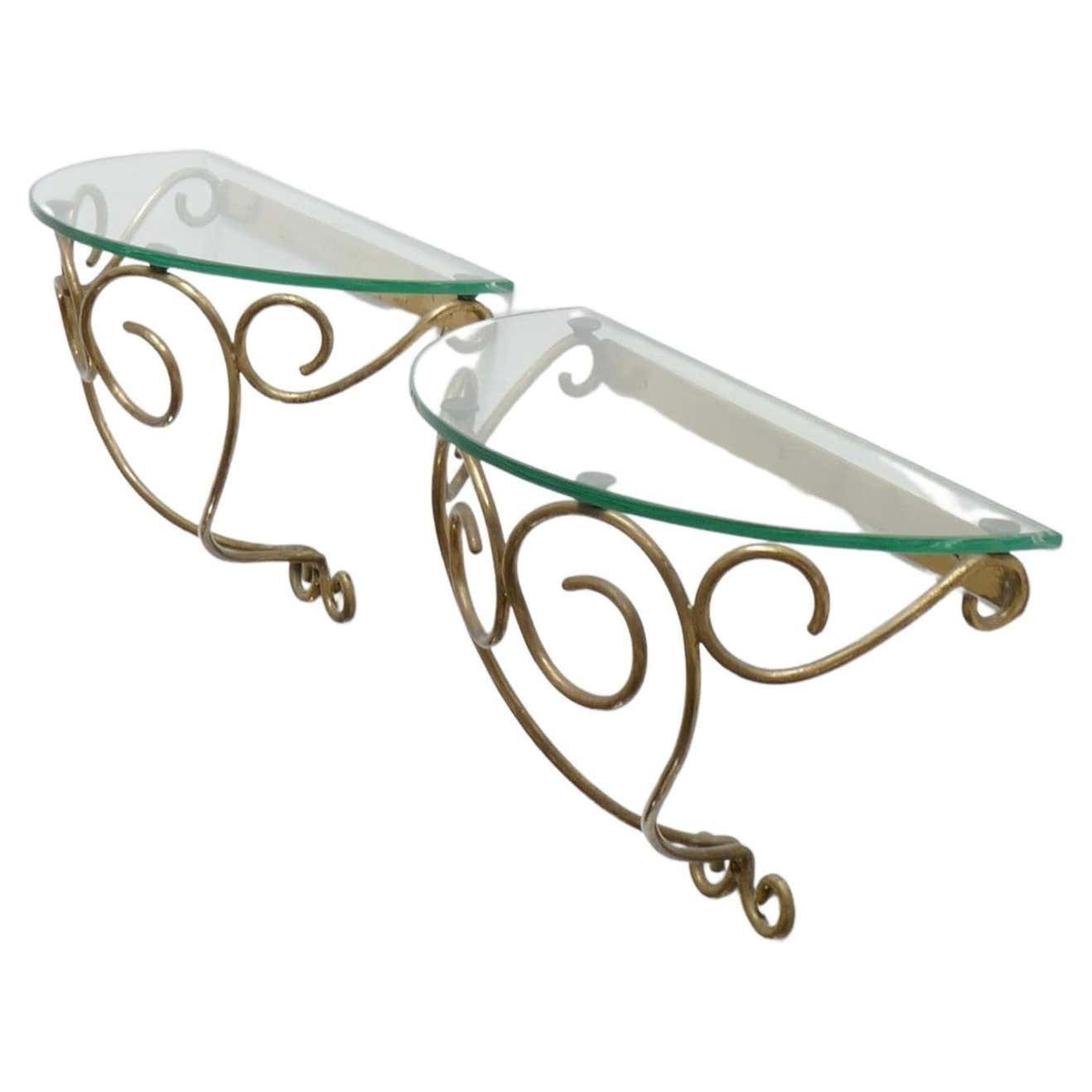 Wall Mounted Brass Nightstands Or Console With Demilune Glass Top, Italy, 1950s