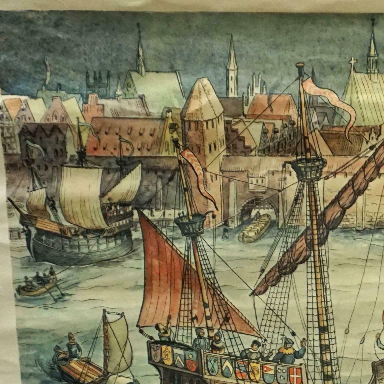 Harbour Of A Trade City Hanseatic Port Rollable Vintage Wallchart photo furniture