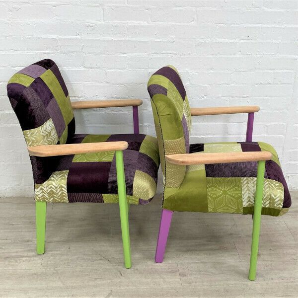 Pair Of Parker Knoll Mid Century Easy Chairs In Patchwork Velvets photo vinterior
