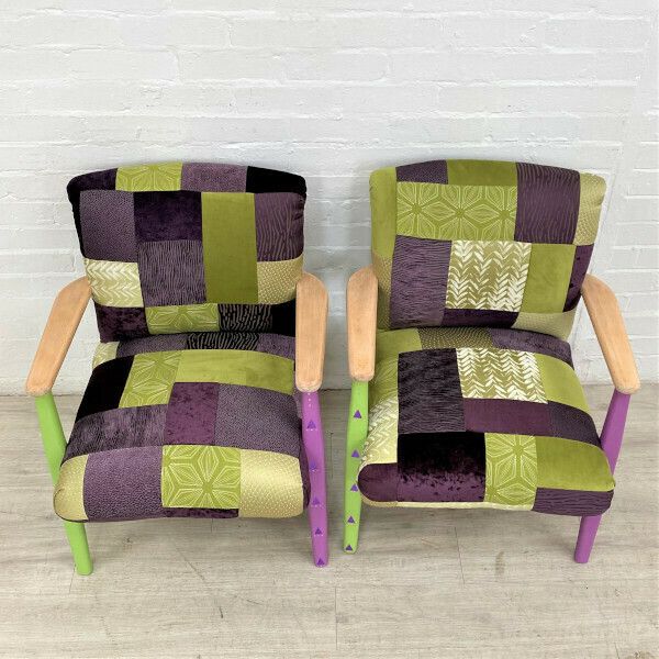 Pair Of Parker Knoll Mid Century Easy Chairs In Patchwork Velvets photo buy