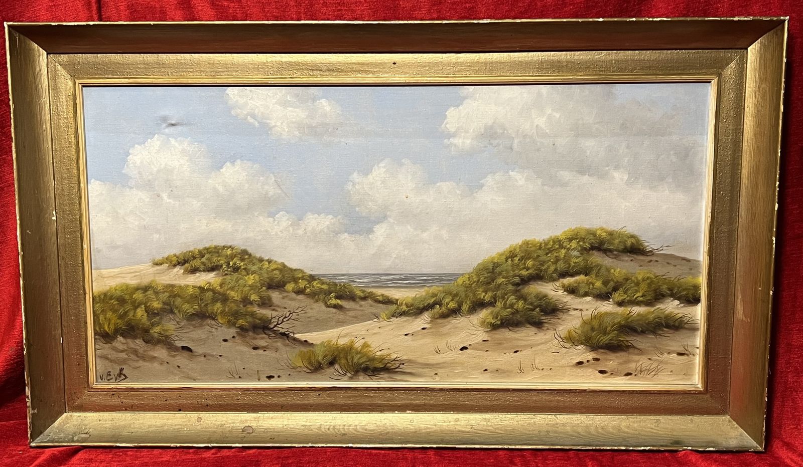 English School Sunlit Sand Dune Beach View Artwork Oil On Canvas Signed photo furniture