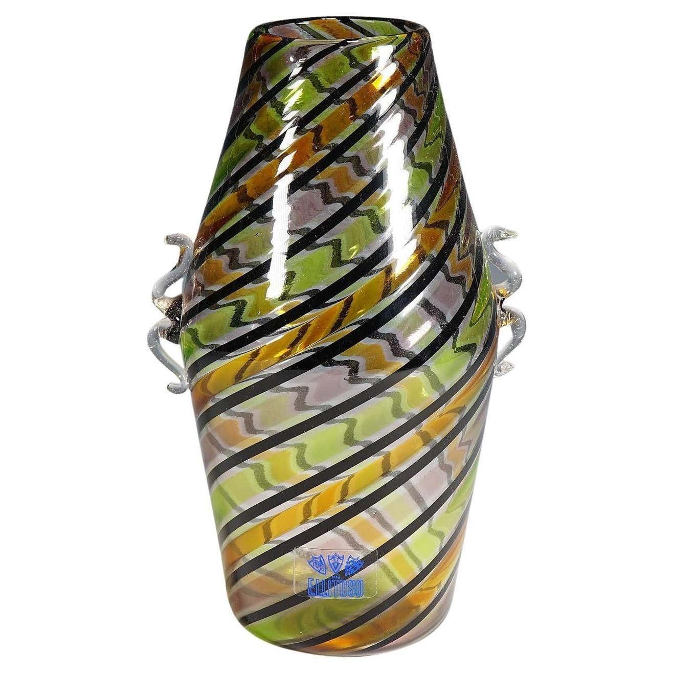 Fratelli Toso A Canne Glass Vase With Handles Murano Italy Ca 1965