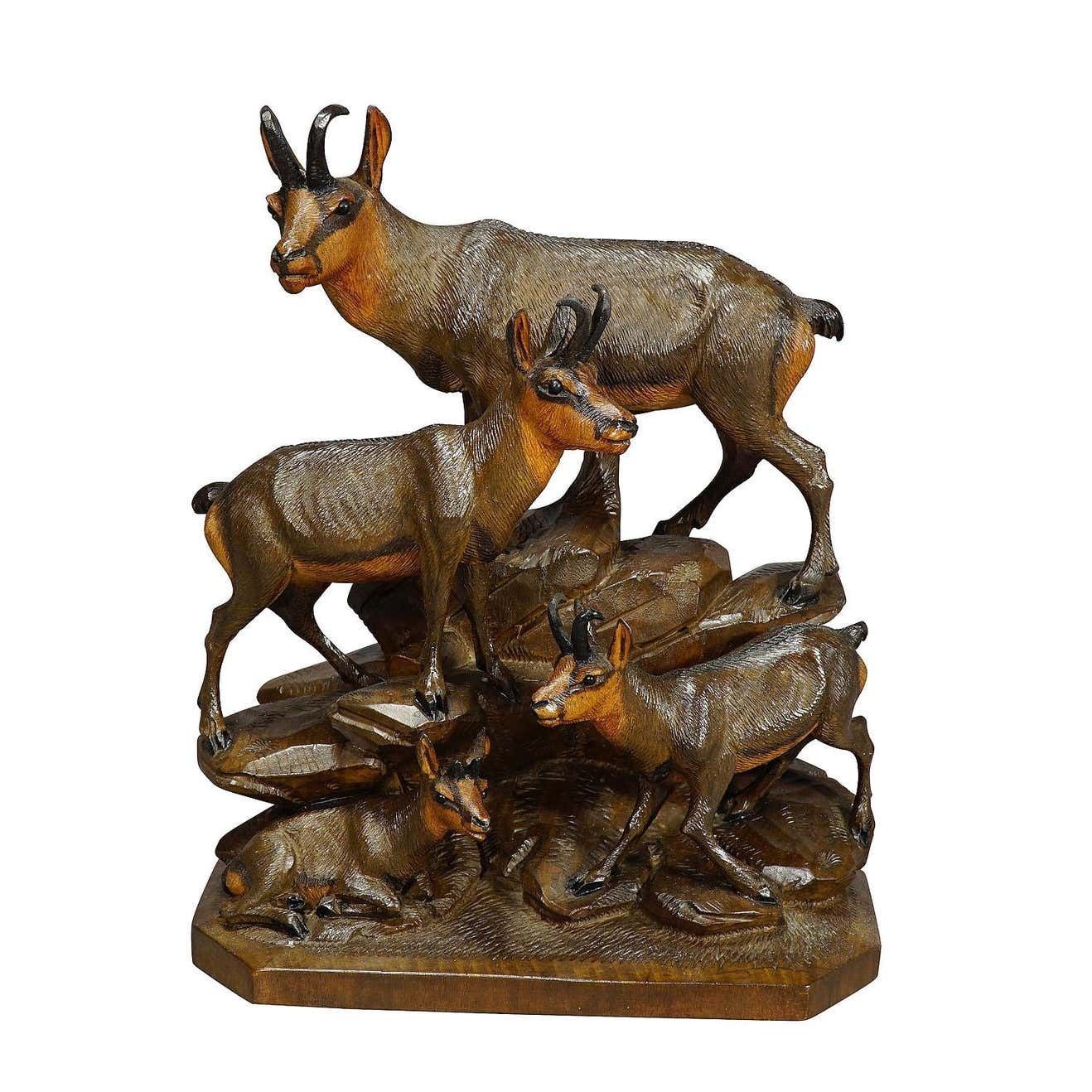 Carved Wood Chamois Family By Ernst Heissl Ebensee Austria Circa 1900 photo furniture