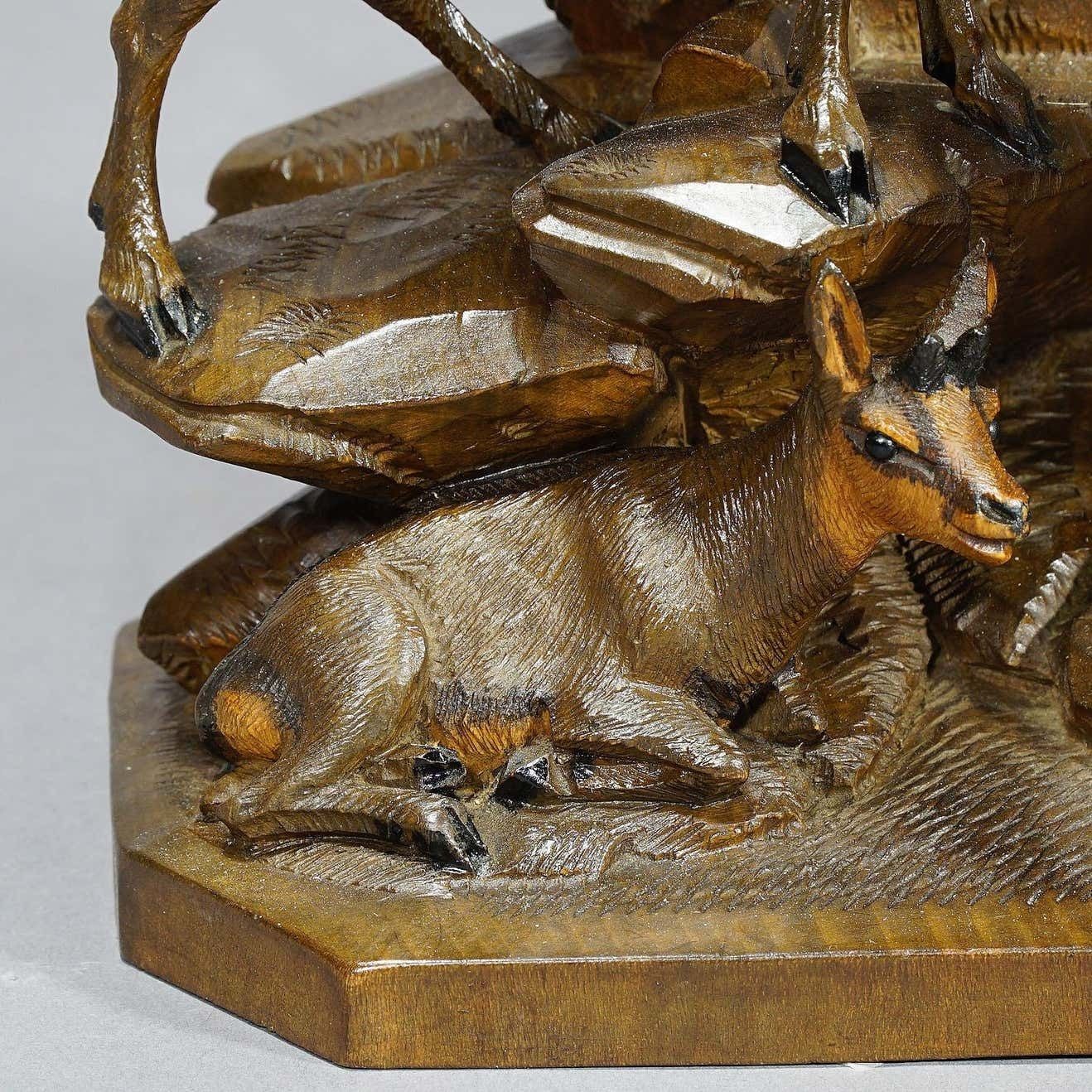 Carved Wood Chamois Family By Ernst Heissl Ebensee Austria Circa 1900 photo vinterior