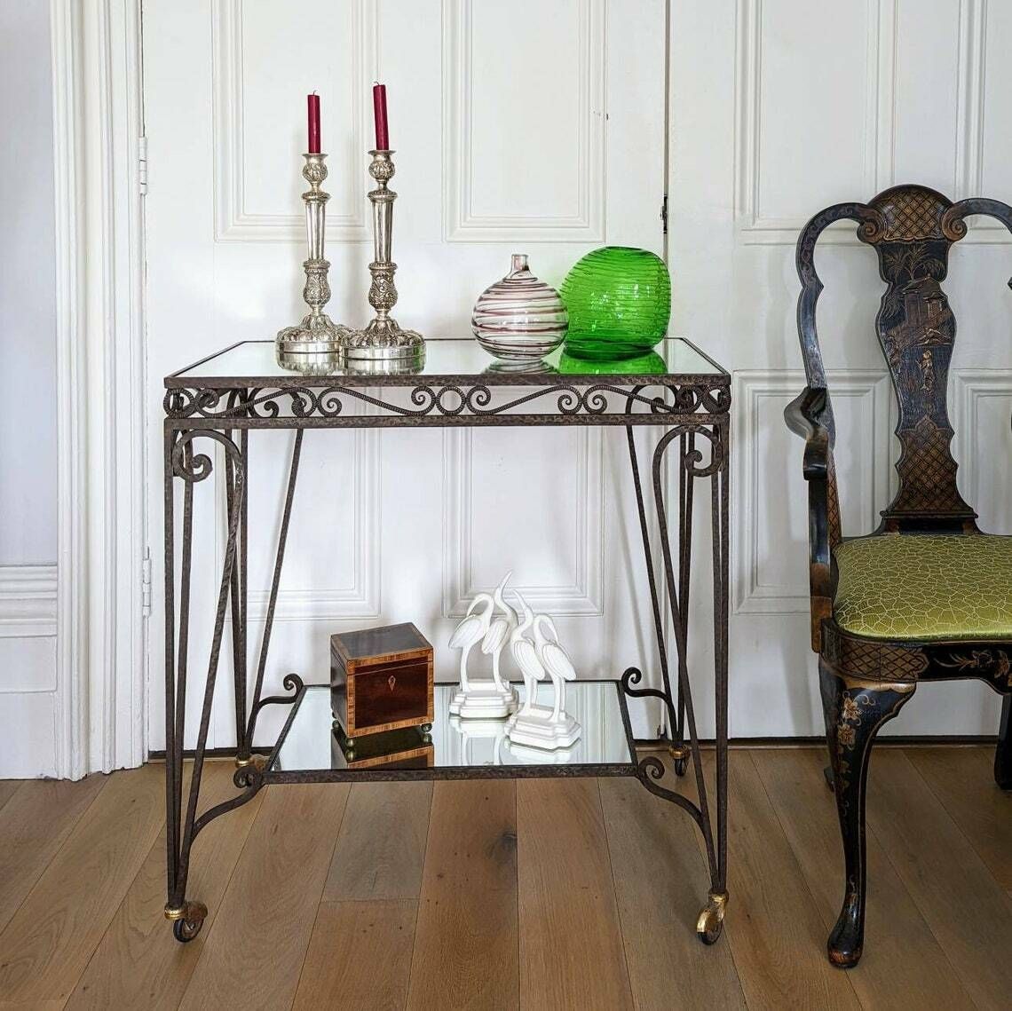 A Mid Century French Mirrored Glass And Wrought Iron Two Tier Cocktail Or Desert Trolley photo furniture