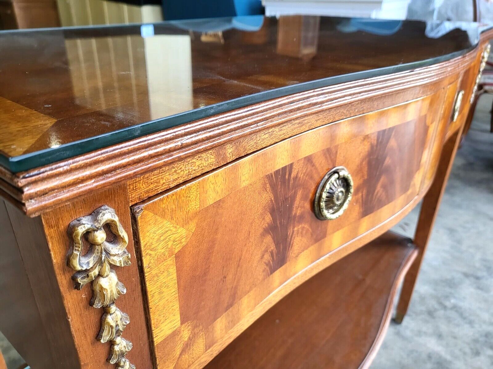 Antique Repro French Inlaid 2 Tier Serpentine Sideboard Server Cutlery Drawers photo for sale