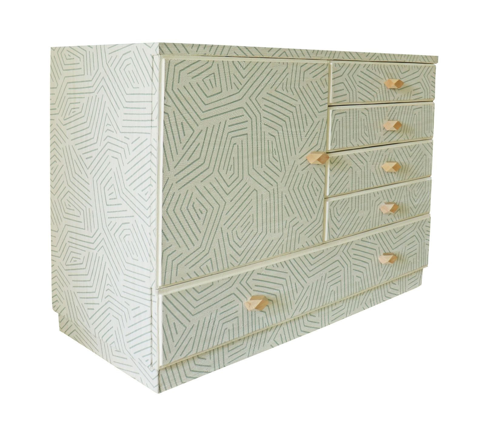 "Sahara Rhythm" Restyled Chest Of Drawers By Habitat Improver With Textured Wallpaper, Paint And Wood Knobs photo for sale